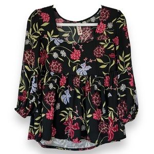 Anthropologie DOLAN Left Coast Cherie Black Multi Floral Babydoll Top